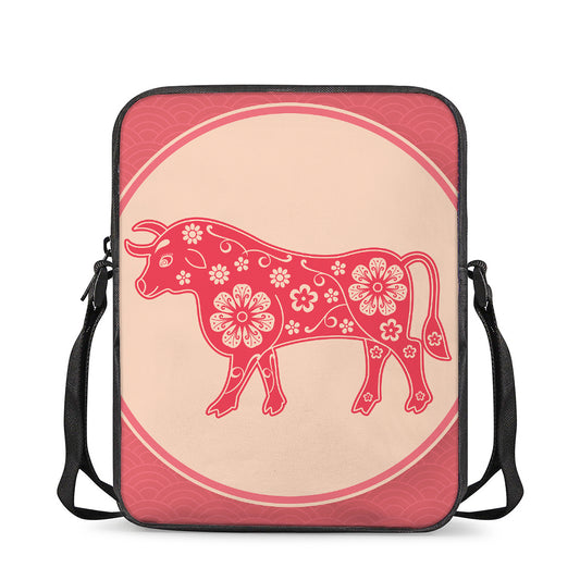 Chinese Flower Ox Zodiac Print Rectangular Crossbody Bag