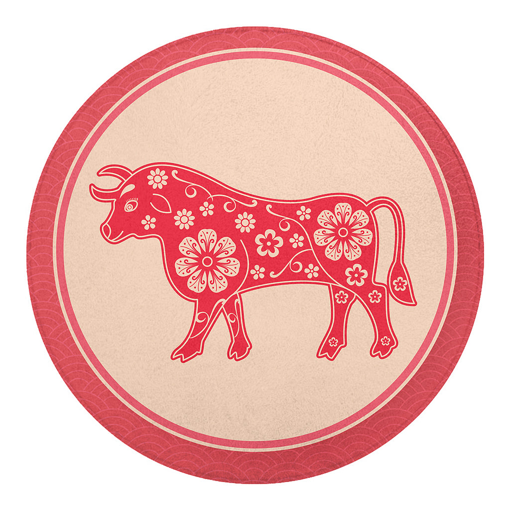 Chinese Flower Ox Zodiac Print Round Blanket