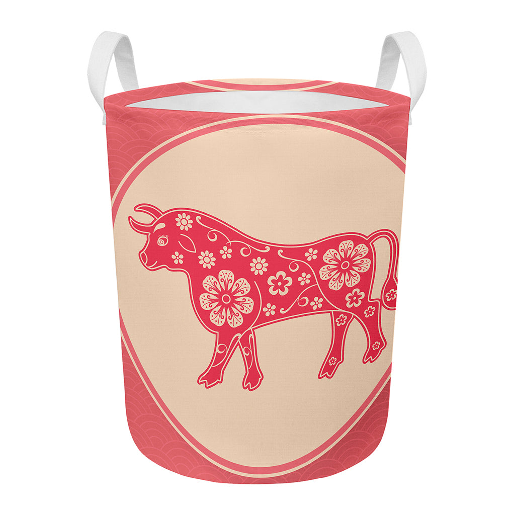 Chinese Flower Ox Zodiac Print Round Laundry Basket