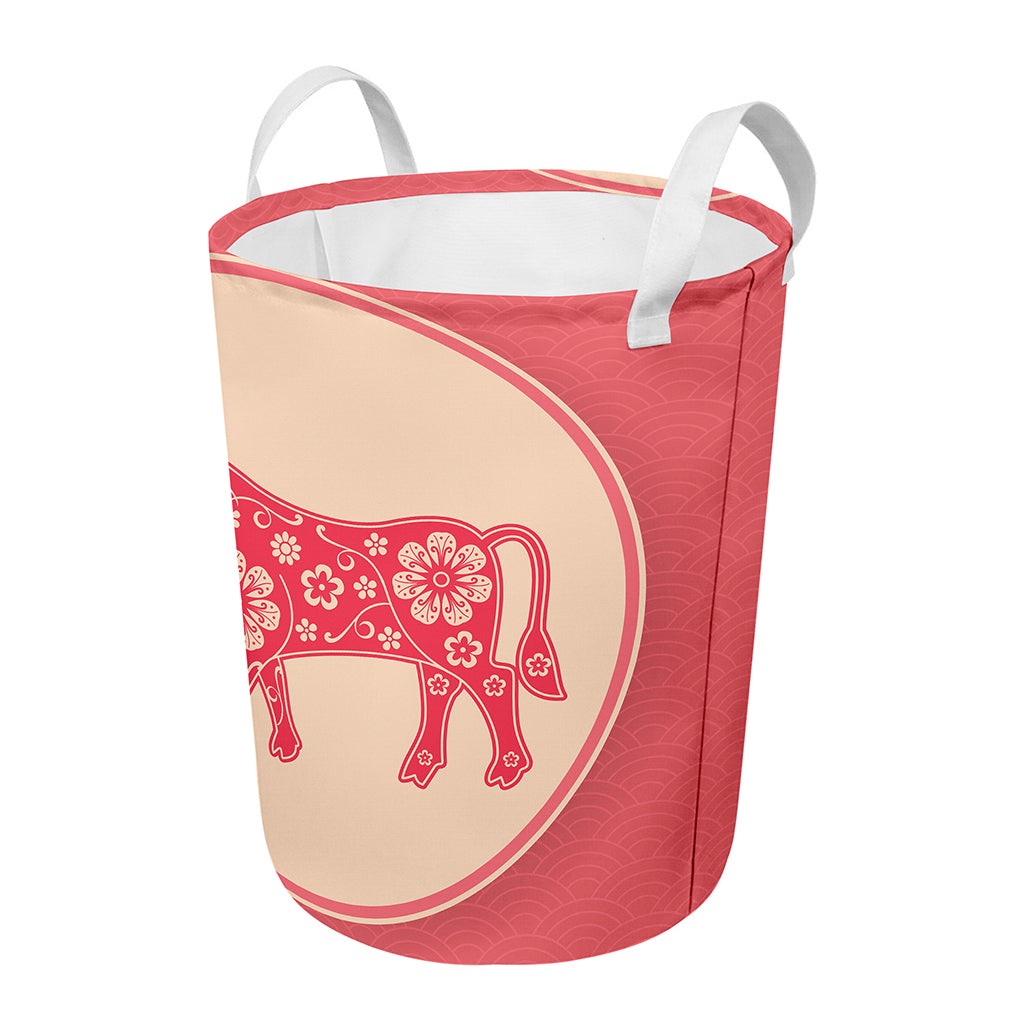 Chinese Flower Ox Zodiac Print Round Laundry Basket