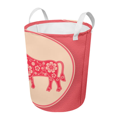Chinese Flower Ox Zodiac Print Round Laundry Basket