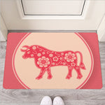 Chinese Flower Ox Zodiac Print Rubber Doormat