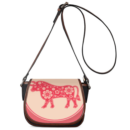Chinese Flower Ox Zodiac Print Saddle Bag