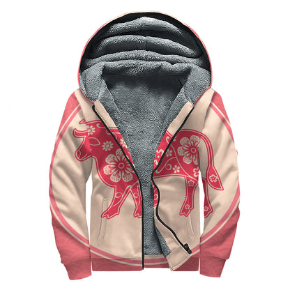 Chinese Flower Ox Zodiac Print Sherpa Lined Zip Up Hoodie