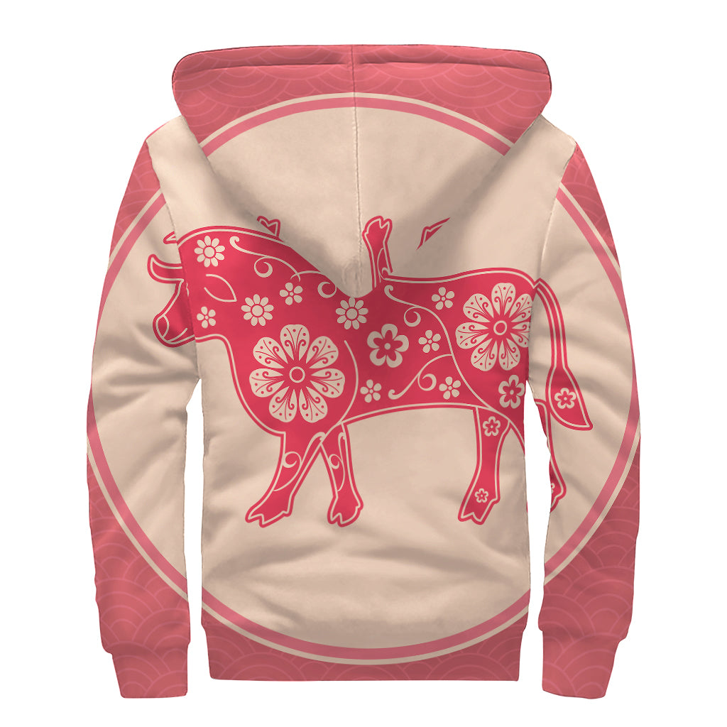 Chinese Flower Ox Zodiac Print Sherpa Lined Zip Up Hoodie
