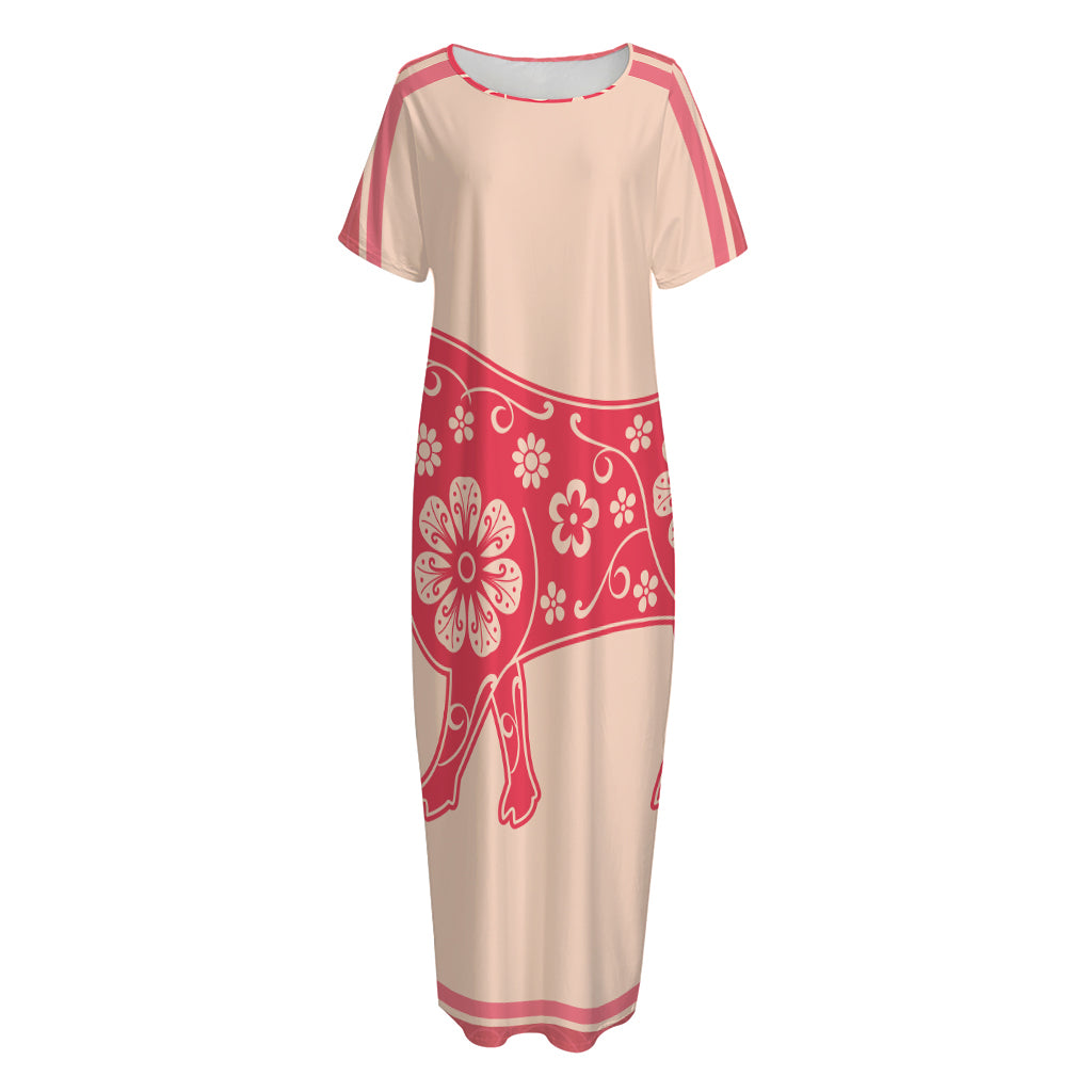Chinese Flower Ox Zodiac Print Short Sleeve Long Nightdress