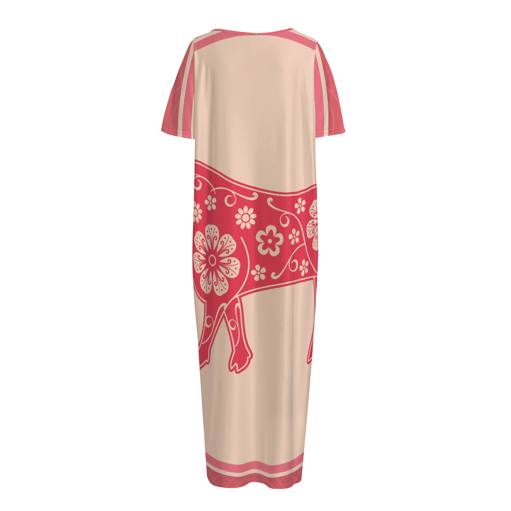 Chinese Flower Ox Zodiac Print Short Sleeve Long Nightdress