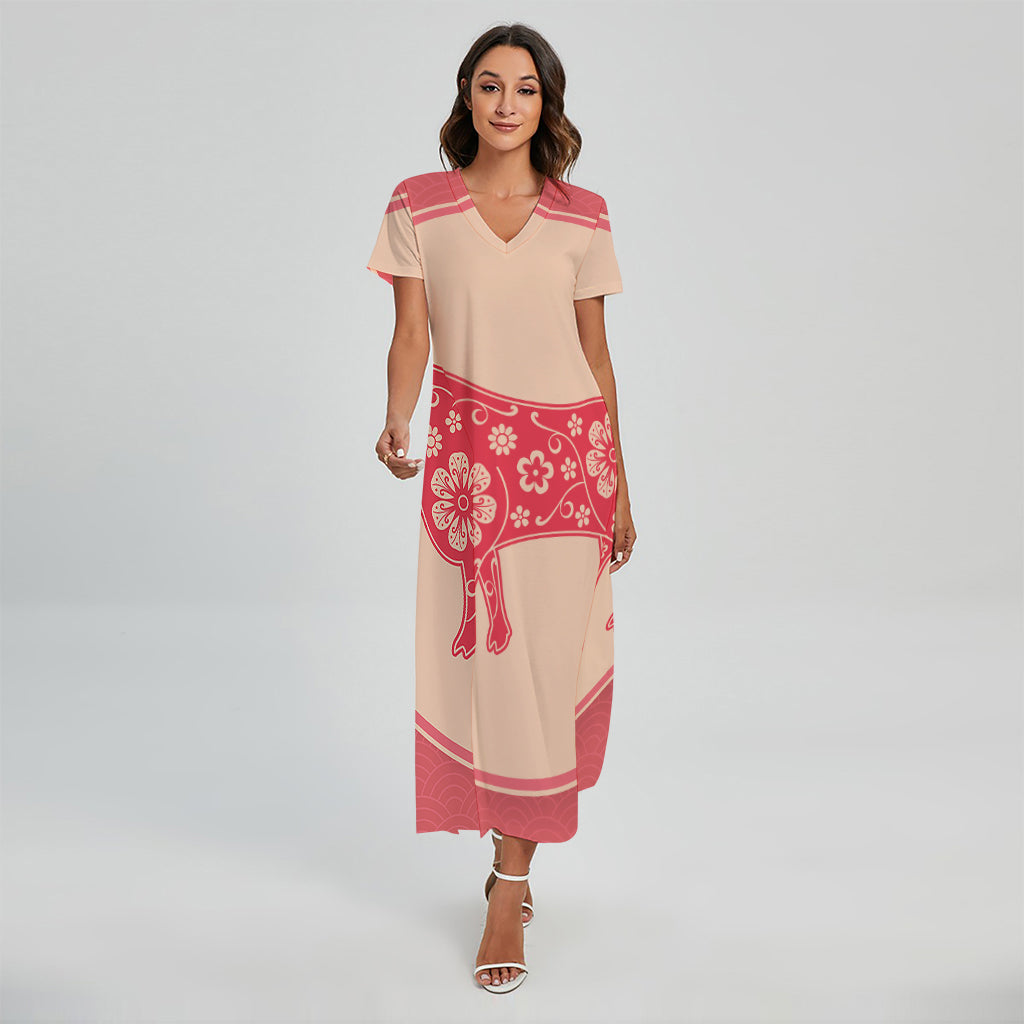 Chinese Flower Ox Zodiac Print Short Sleeve Maxi Dress