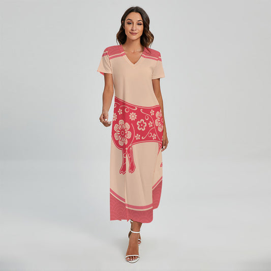 Chinese Flower Ox Zodiac Print Short Sleeve Maxi Dress
