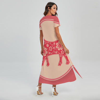 Chinese Flower Ox Zodiac Print Short Sleeve Maxi Dress