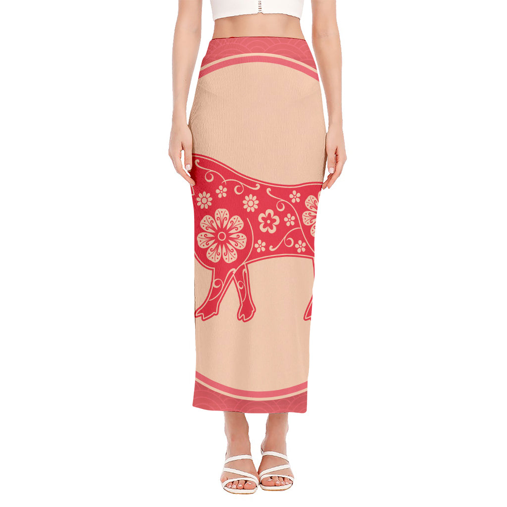 Chinese Flower Ox Zodiac Print Side Slit Maxi Skirt