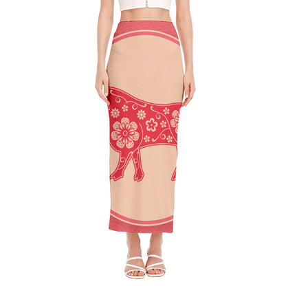Chinese Flower Ox Zodiac Print Side Slit Maxi Skirt