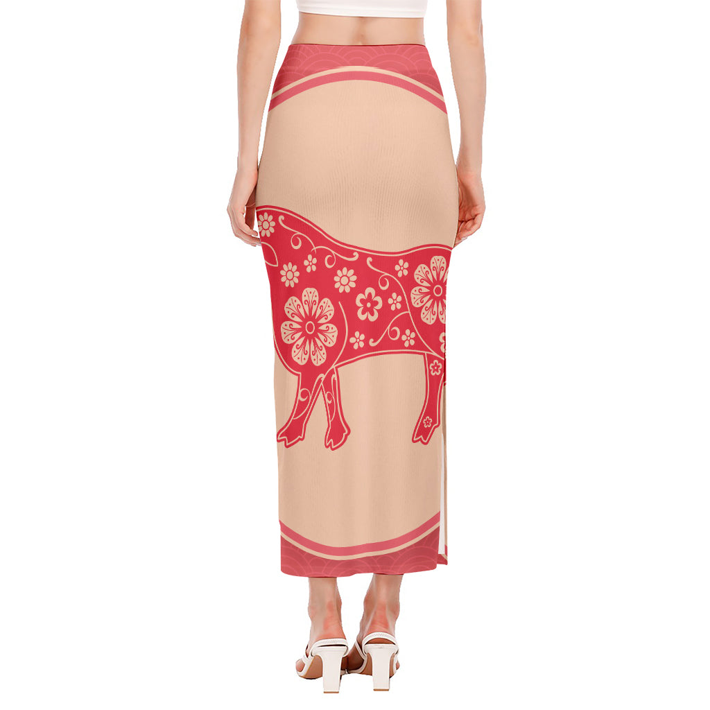 Chinese Flower Ox Zodiac Print Side Slit Maxi Skirt