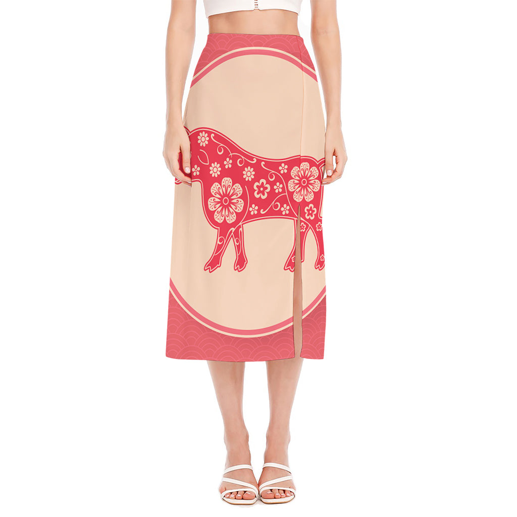 Chinese Flower Ox Zodiac Print Side Slit Midi Skirt