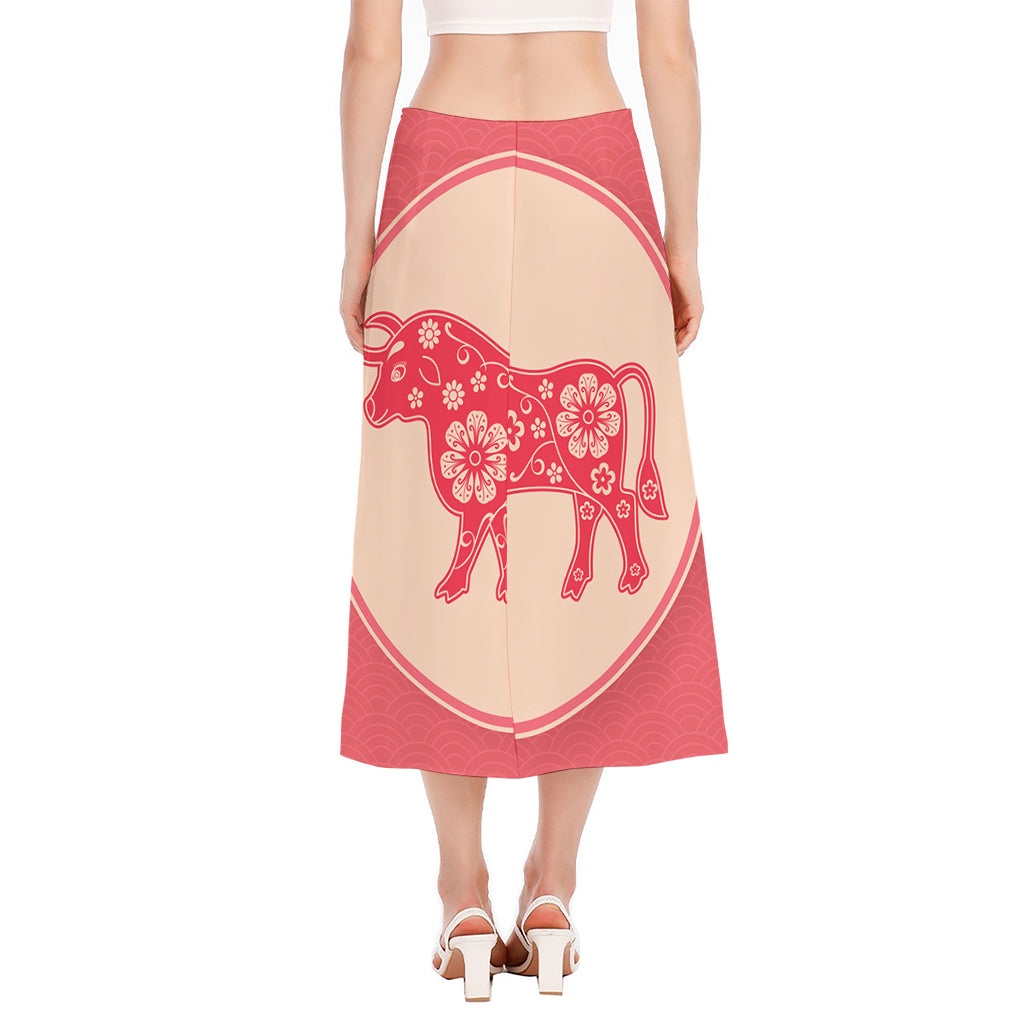 Chinese Flower Ox Zodiac Print Side Slit Midi Skirt
