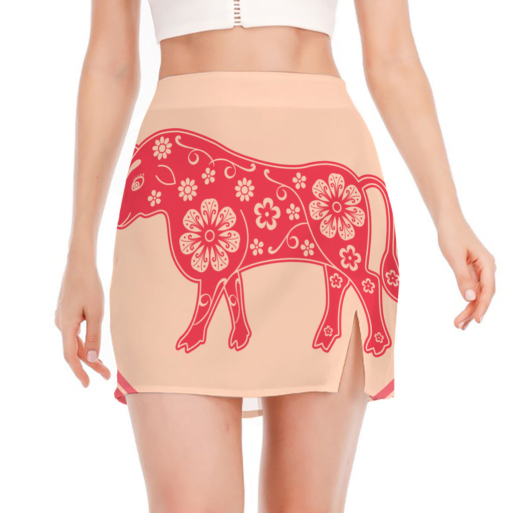 Chinese Flower Ox Zodiac Print Side Slit Mini Skirt