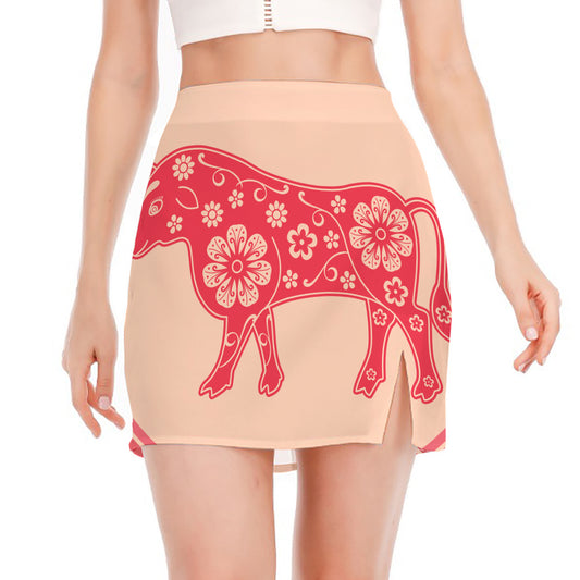 Chinese Flower Ox Zodiac Print Side Slit Mini Skirt