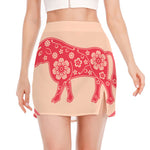 Chinese Flower Ox Zodiac Print Side Slit Mini Skirt