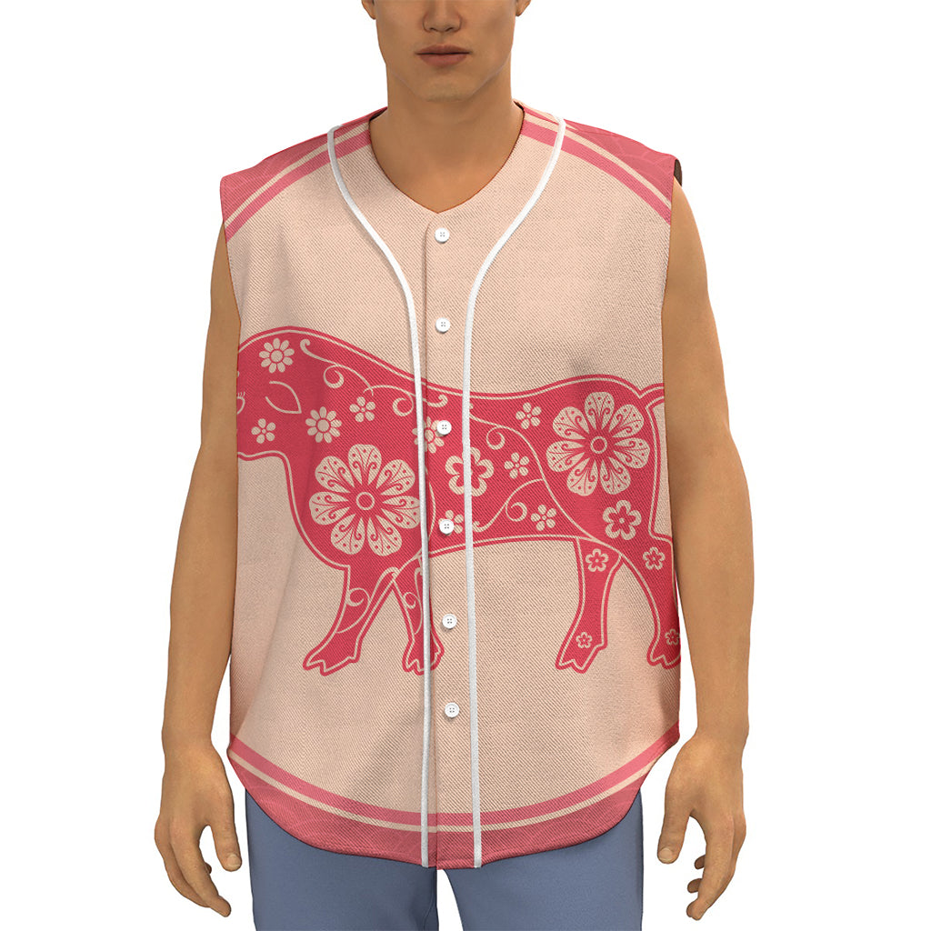 Chinese Flower Ox Zodiac Print Sleeveless Baseball Jersey