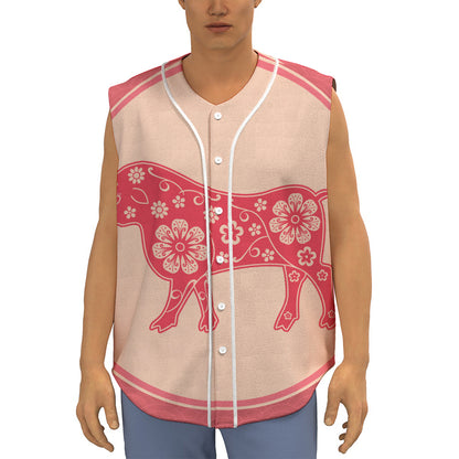 Chinese Flower Ox Zodiac Print Sleeveless Baseball Jersey