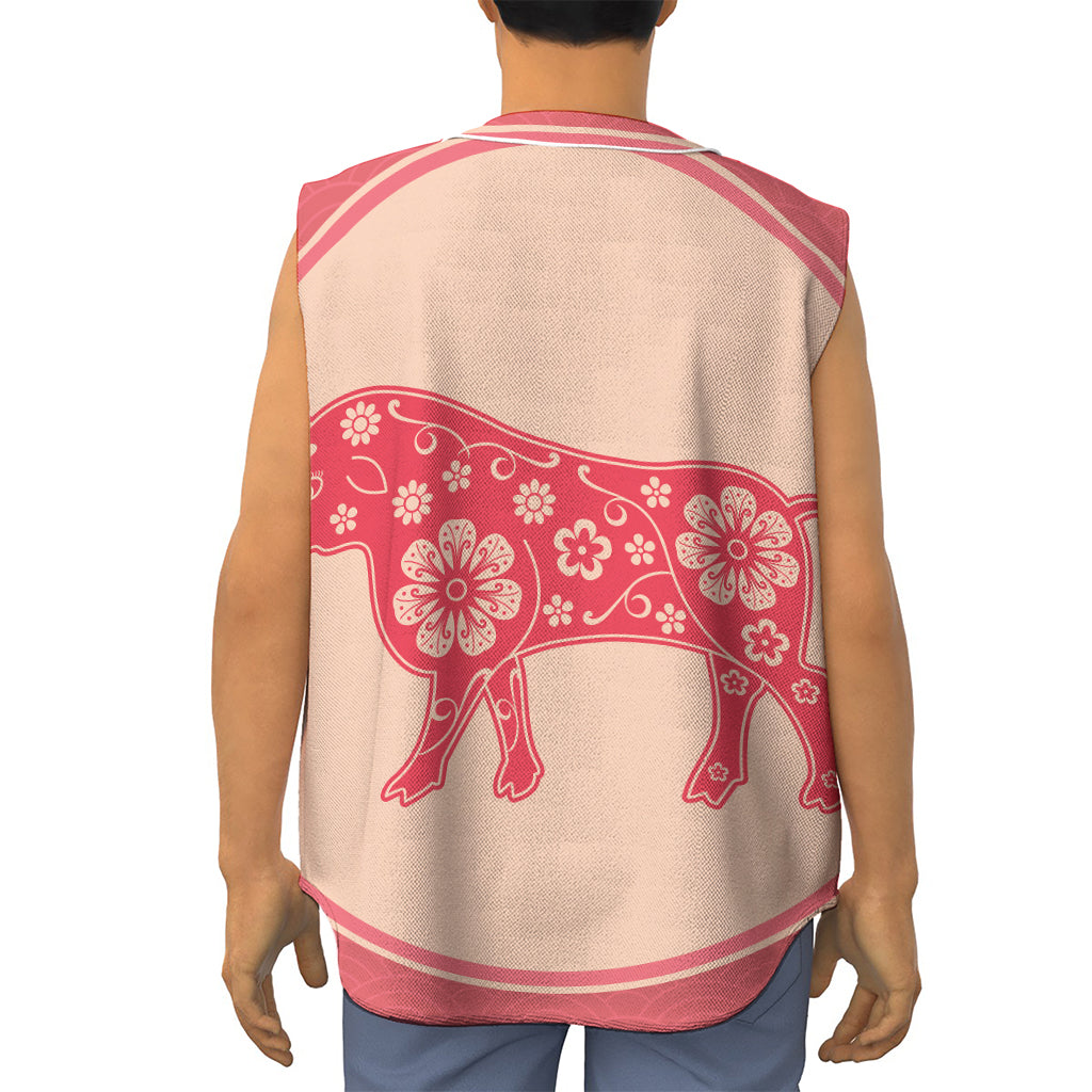Chinese Flower Ox Zodiac Print Sleeveless Baseball Jersey