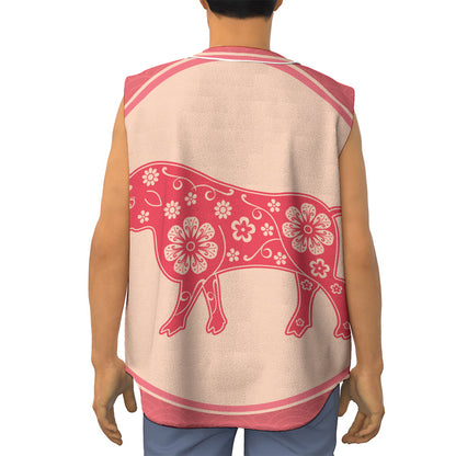 Chinese Flower Ox Zodiac Print Sleeveless Baseball Jersey