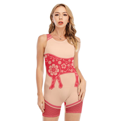 Chinese Flower Ox Zodiac Print Sleeveless One Piece Swimsuit