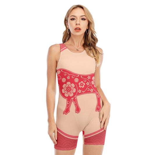 Chinese Flower Ox Zodiac Print Sleeveless One Piece Swimsuit