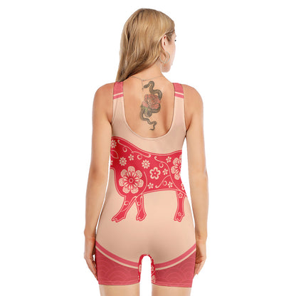 Chinese Flower Ox Zodiac Print Sleeveless One Piece Swimsuit