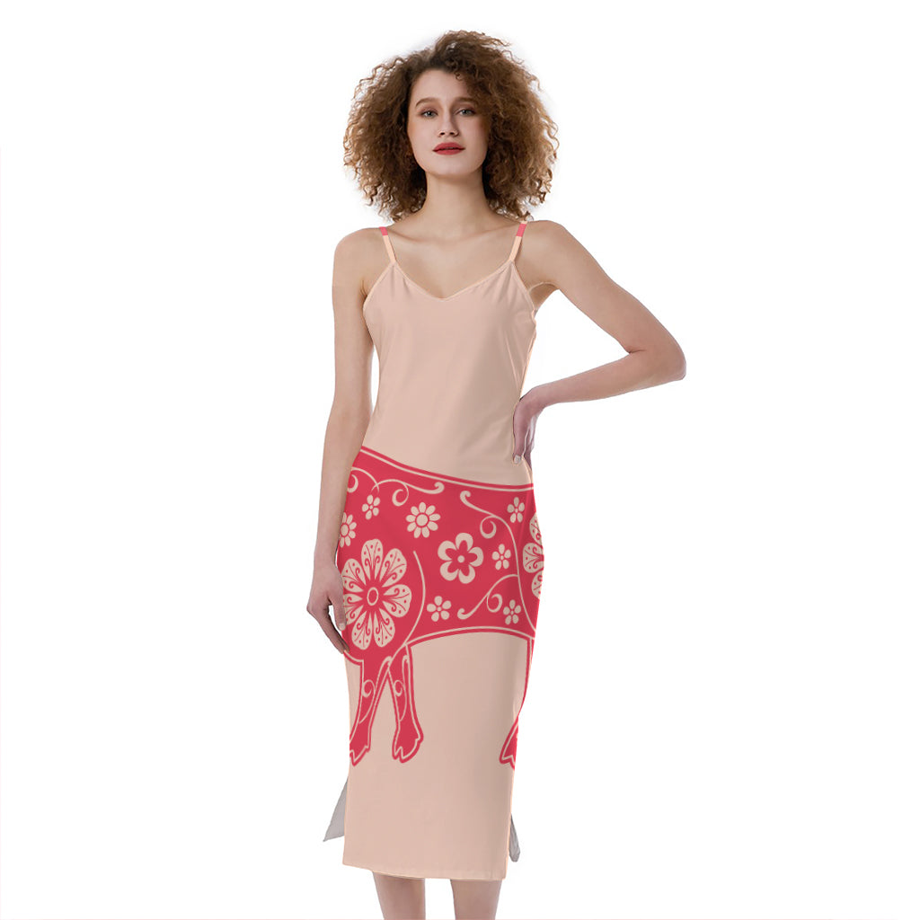 Chinese Flower Ox Zodiac Print Slim Fit Midi Cami Dress