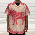 Chinese Flower Ox Zodiac Print Textured Short Sleeve Shirt