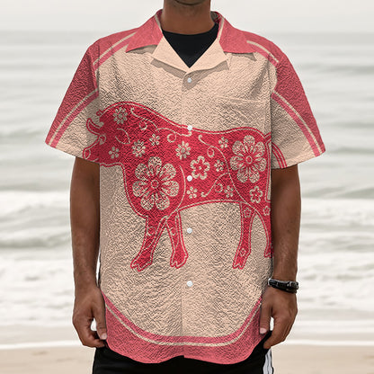 Chinese Flower Ox Zodiac Print Textured Short Sleeve Shirt