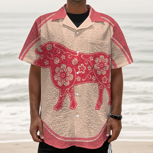 Chinese Flower Ox Zodiac Print Textured Short Sleeve Shirt