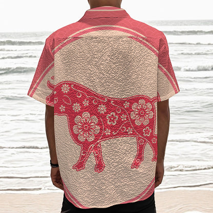 Chinese Flower Ox Zodiac Print Textured Short Sleeve Shirt