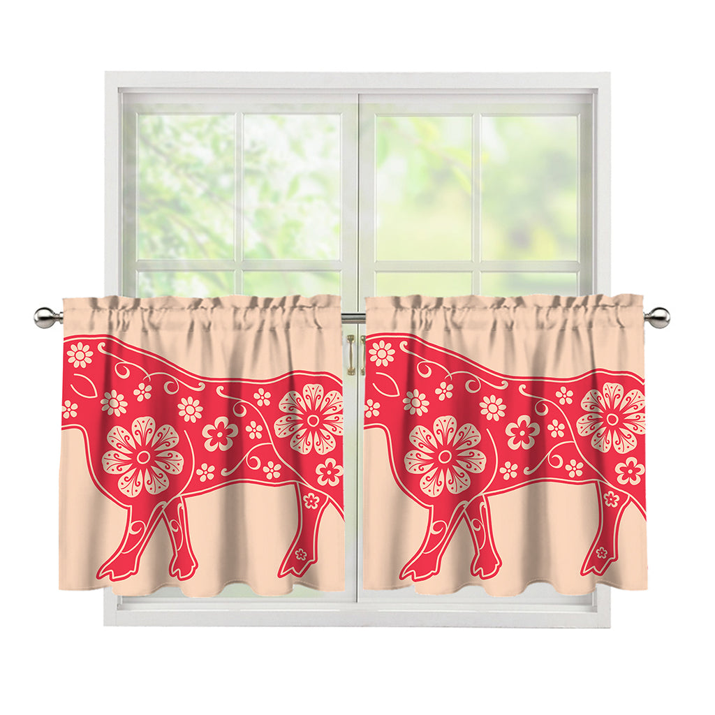 Chinese Flower Ox Zodiac Print Tier Curtains