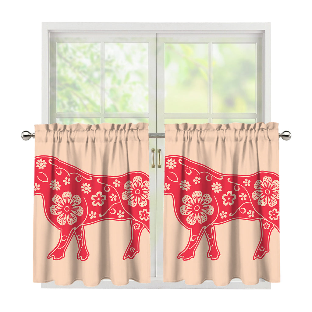 Chinese Flower Ox Zodiac Print Tier Curtains