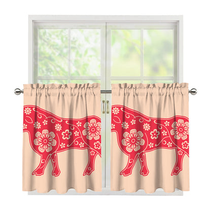 Chinese Flower Ox Zodiac Print Tier Curtains
