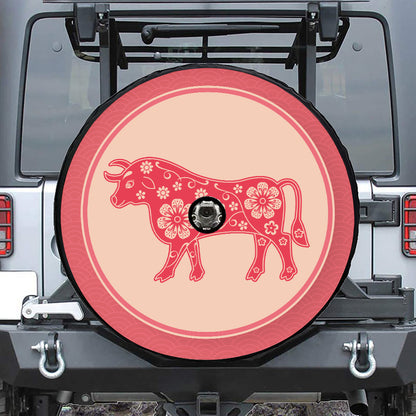 Chinese Flower Ox Zodiac Print Tire Cover With Camera Hole
