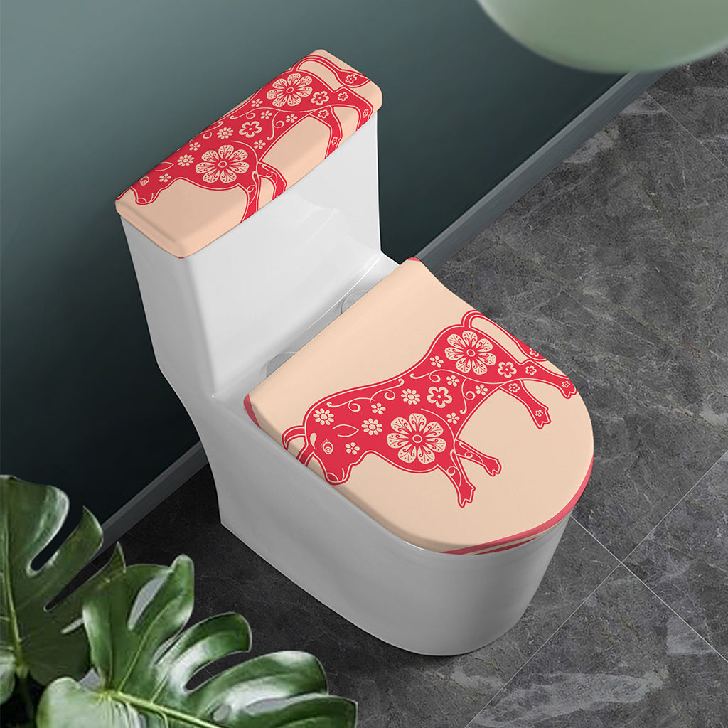 Chinese Flower Ox Zodiac Print Toilet Lid And Tank Cover Set