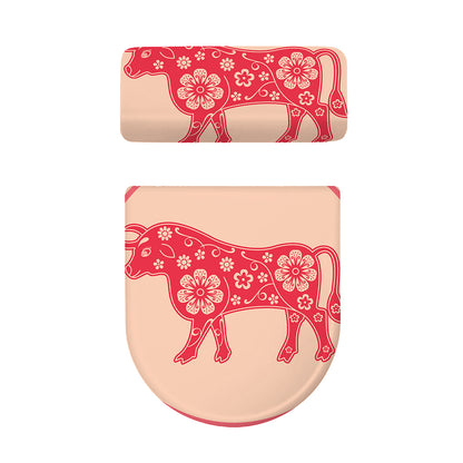 Chinese Flower Ox Zodiac Print Toilet Lid And Tank Cover Set