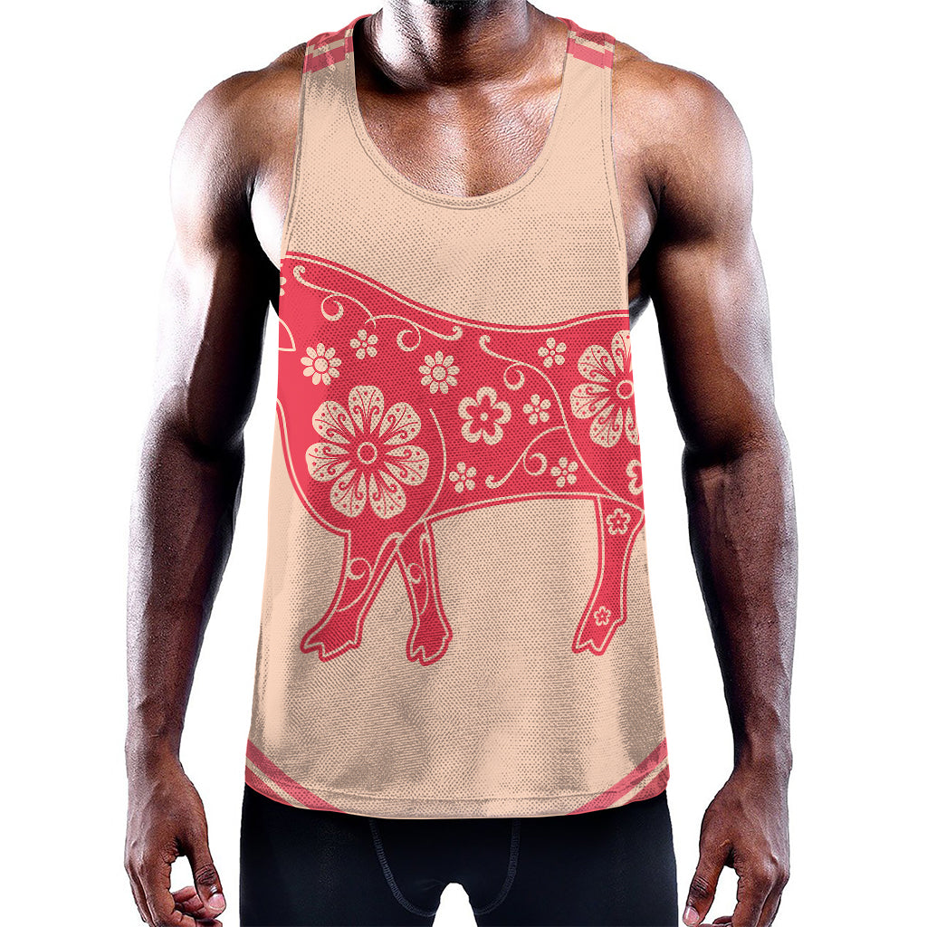 Chinese Flower Ox Zodiac Print Training Tank Top