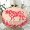 Chinese Flower Ox Zodiac Print Waterproof Round Tablecloth