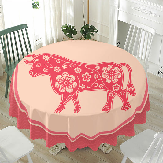Chinese Flower Ox Zodiac Print Waterproof Round Tablecloth