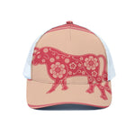 Chinese Flower Ox Zodiac Print White Mesh Trucker Cap