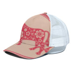 Chinese Flower Ox Zodiac Print White Mesh Trucker Cap