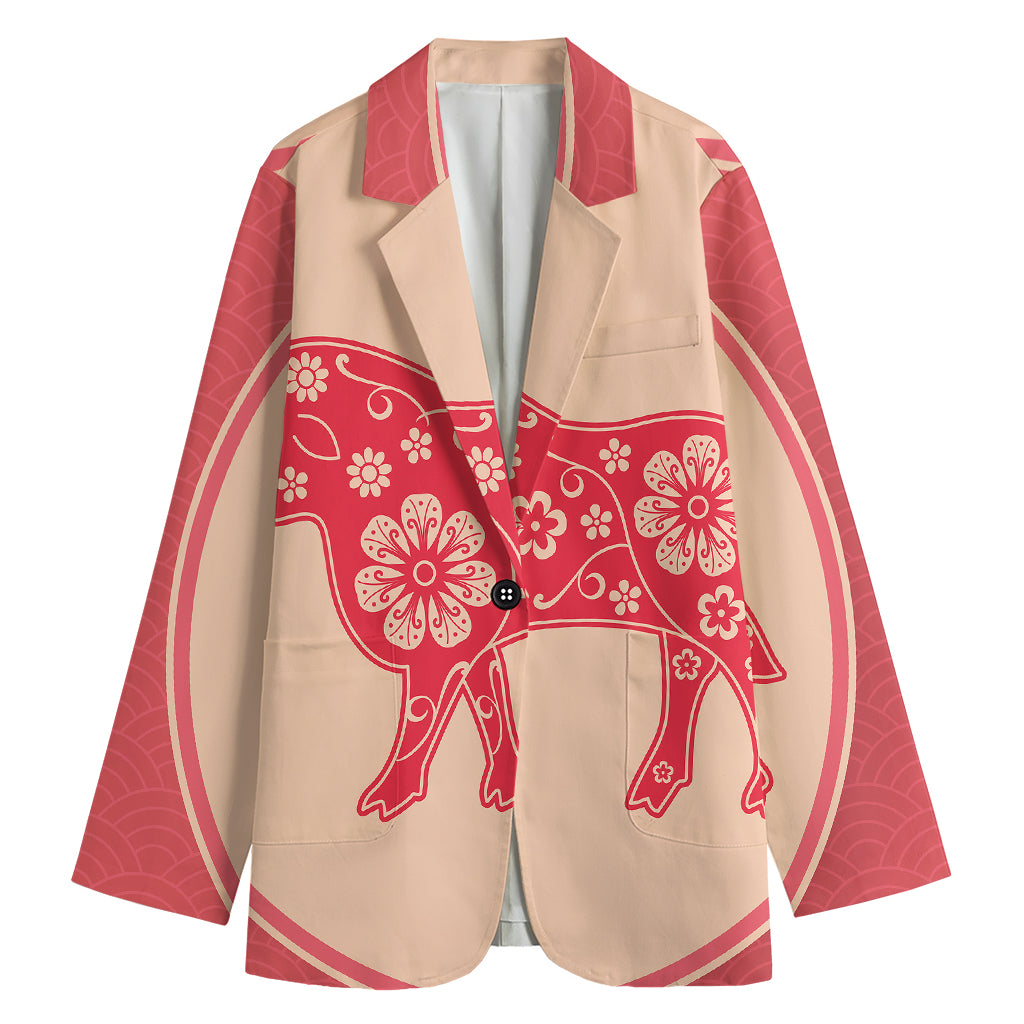 Chinese Flower Ox Zodiac Print Women's Blazer