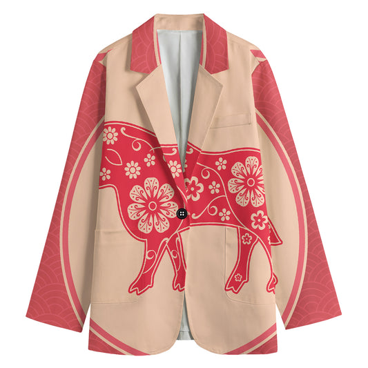 Chinese Flower Ox Zodiac Print Women's Blazer