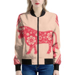 Chinese Flower Ox Zodiac Print Women's Bomber Jacket