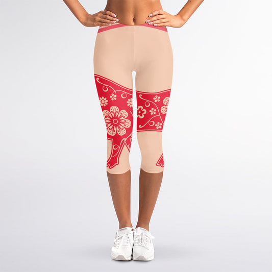 Chinese Flower Ox Zodiac Print Women's Capri Leggings