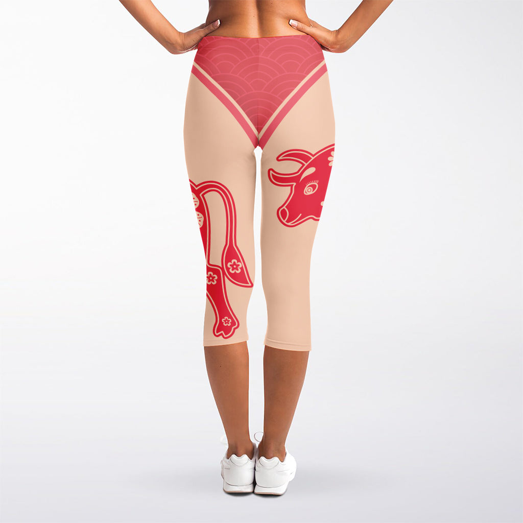 Chinese Flower Ox Zodiac Print Women's Capri Leggings